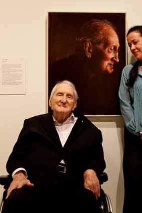 Tom Uren with his Archibald Prize portrait, and the artist  Mirra Whale.