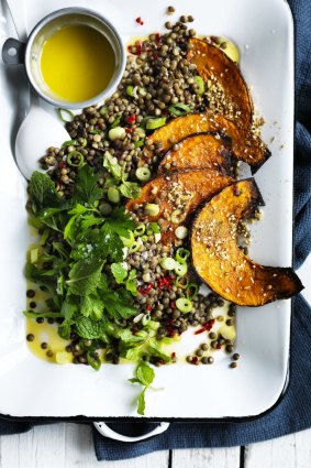 Warm lentil salad with pumpkin and chilli.
