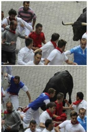A combination photo shows a runner identified as Hillman, on the left in the top frame, falling and then being gored by the bull.