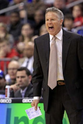 Philadelphia 76ers coach Brett Brown yells at his team in the game against the Phoenix Suns.
