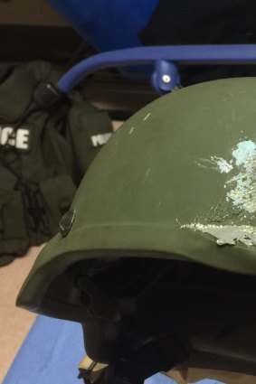 The helmet an officer in Orlando police department was wearing when responding to the shooting.