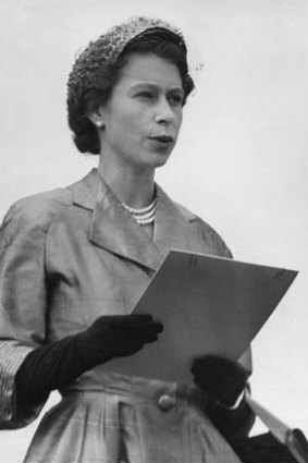 The Queen speaking in Victoria on her visit in 1954.