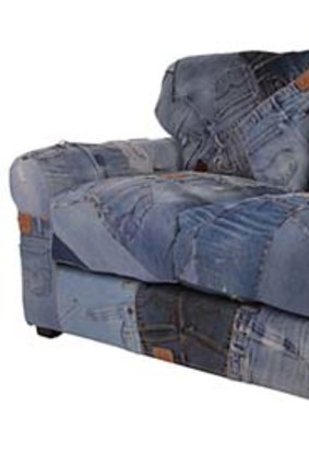A couch was bought from the Salvos online then refurbished with jeans.