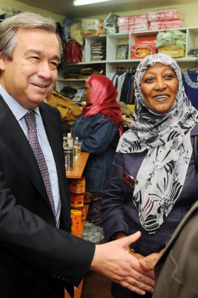 UN High Commissioner for Refugees Antonio Guterres greets immigrants in Footscray.