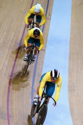Matthew Glaetzer, Nathan Hart, and Shane Perkins in the men's team sprint.