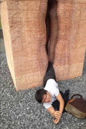 The young man reportedly climbed into the sculpture as a dare.