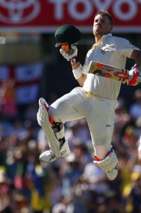 Australia's David Warner celebrates his century during the third day of the Third Test.