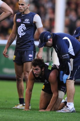 What hit me? Jarrad Waite is helped by a trainer.