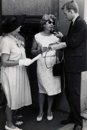 Save Our Sons ... Noreen Hewett being interviewed for radio at a demonstration in 1965.