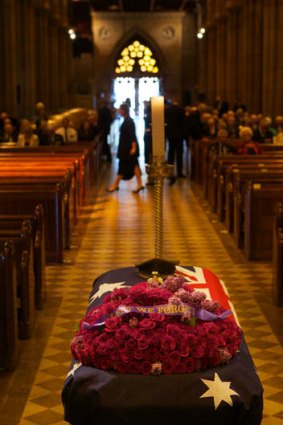 The coffin of former RSL NSW head Rusty Priest.