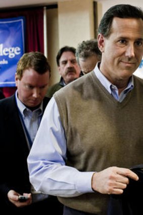 Rick Santorum makes the rounds on Radio Row in Manchester, New Hampshire, on Tuesday.