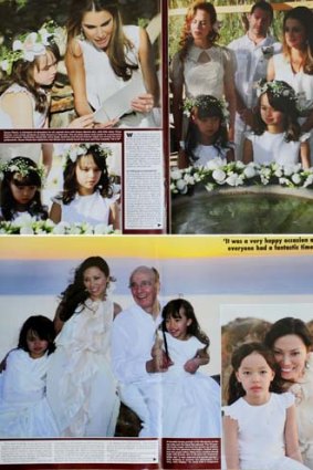 Pages from the British Hello magazine from April last year, showing Mr Murdoch, his wife Wendi Deng and other celebrities in Jordan at the the baptism of daughters Grace and Chloe.