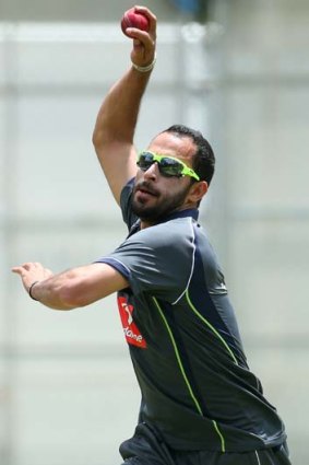 Fawad Ahmed bowls during Australia's nets session.