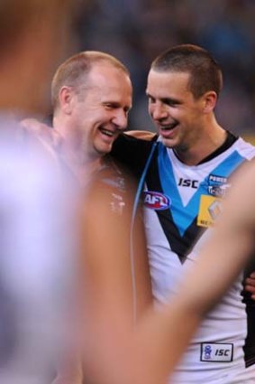Port coach Ken Hinkley and Travis Boak are all smiles after the match.