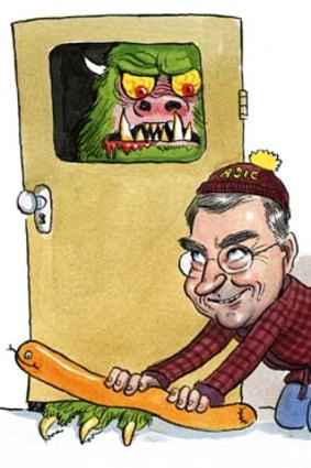 Keep the wolf from the door &#8230; Greg Medcraft with his ever handy door snake. <em>Illustration: John Shakespeare</em>