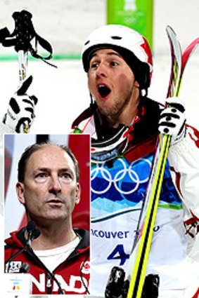 Alexandre Bilodeau, a Canadian skiing for Canada, celebrates his gold medal. Inset: Peter Judge.