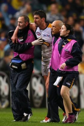 Eagles ruckman Dean Cox is assisted from the field after being hit by Richmond's Tyrone Vickery.