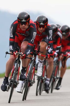 Good form: Cadel Evans leading his BMC team last week.