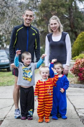 Australian Olympic marathon runner Marty Dent with his family, Kathie and three boys, Elye, Connor, and Hayden, before heading out on a morning run.