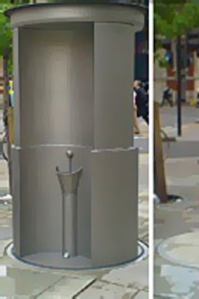 Retractable public toilets such as this one in Europe have solved problems of people openly urinating and defecating in streets at night. During the day the toilet retracts below street level.