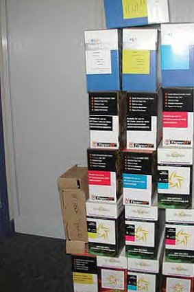 Excess ... Printer cartridges stacked up at a Victorian school.