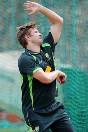 Shane Watson bowls in the nets session at St George's Park Cricket Stadium on February 19.