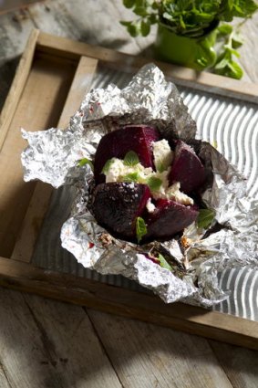 Foil-roasted big beets with ricotta and mint.
