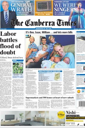 The Thayer family, then of Calwell, featured on the front of The Canberra Times in 2011 when triplets Benjamin, Isaac and William were born.