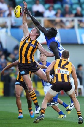 Majak Daw and Ben McEvoy contest the ball during Friday's match.
