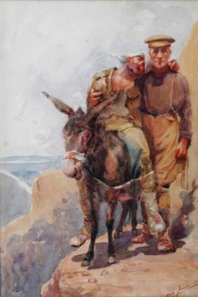 Anzac legend John Simpson Kirkpatrick and his donkey as depicted in the painting by Horace Moore-Jones.