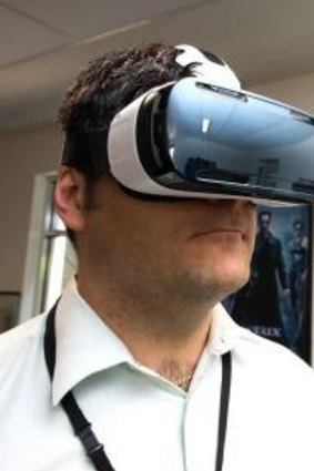 Stefan Pernar wears a Samsung Gear VR headset, with 360Heros GoPro camera rig. 
