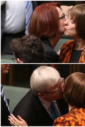 Prime Minister Julia Gillard and Kevin Rudd embrace Nicola Roxon after she delivered her valedictory speech on Tuesday.