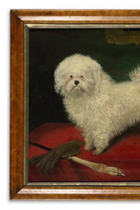 "A Maltese on a Red Table Cloth" (late 19th century). The oil on canvas is estimated at $2500 to $3500.