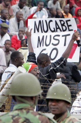 Kenyan soccer fans send a message to Robert Mugabe just before their 2010 World Cup qualifying match against Zimbabwe in Nairobi.