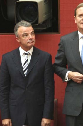 Opposition Leader Brendan Nelson and former federal treasurer Peter Costello stand together in the Senate this week.
