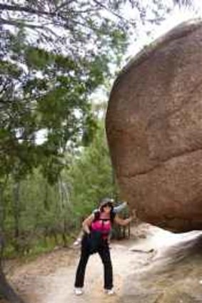 Beatrix, Vinnie (in back pack) and Alina Brice at a whale rock in Freycinet National Park, Tasmania