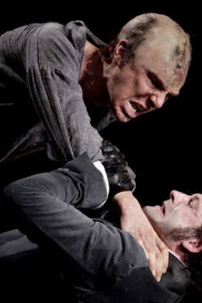 Together: Cumberbatch as the Creature and Miller as Victor Frankenstein in the National Theatre of Britain's staging of Frankenstein.