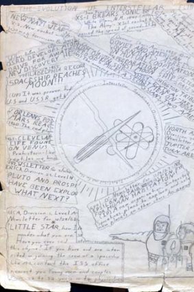 A sketch by Carl Sagan, titled "The Evolution of Interstellar Flight" from his early teens.