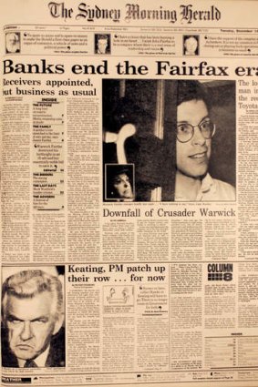 The front page of Tuesday 11th December 1990 detailing the appointment of receivers to Fairfax and the downfall of Warwick Fairfax.