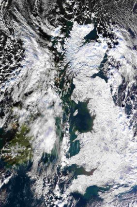 A satellite image of a white  Britain.