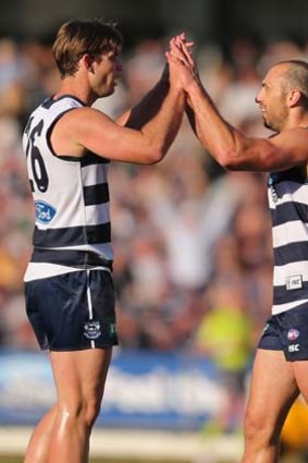 Top Cats: Tom Hawkins and James Podsiadly celebrate a goal against Sydney on Saturday.