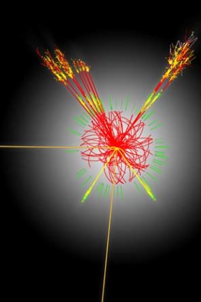 A simulation of the production of a Higgs boson following a collision of two protons.