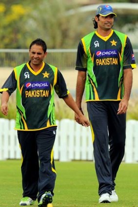 Pakistan cricketers Abdur Rehman and Mohammad Irfan during a practice session at the Dubai Sports City on Monday.