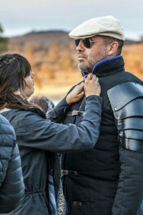 Billy Zane on set of <i>Blue World Order</i>,  attended by costume designer Carmen Foon.