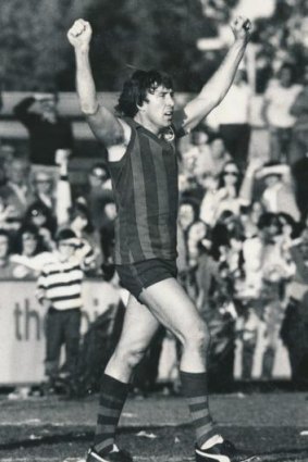 1981: Fred Cook celebrates on the way to another bag of 100 goals in a season.