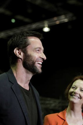 Actor Hugh Jackman (left) on the sound set of The Wolverine with Prime Minister Julia Gillard