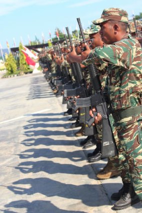 East Timorese troops stand in formation during rehearsals for the independence day celebrations in Dili.