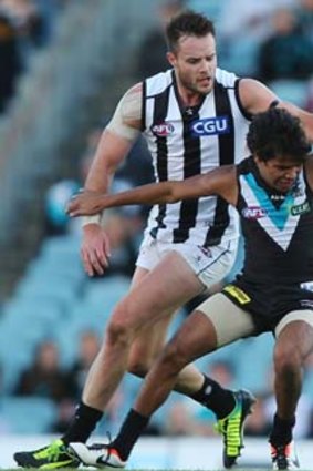 Long and short of it: Port little man Jake Neade fights for possession with Magpie Nathan Brown.