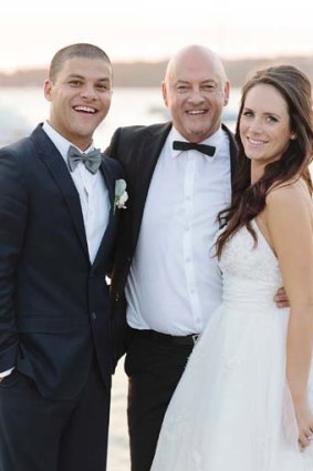 Three suit: Kid Mac, his wife Amy, and Peter Morrissey on their wedding day at Watsons Bay.