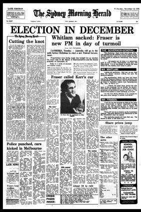 Front page of The Sydney Morning Herald from November 12 1975.
